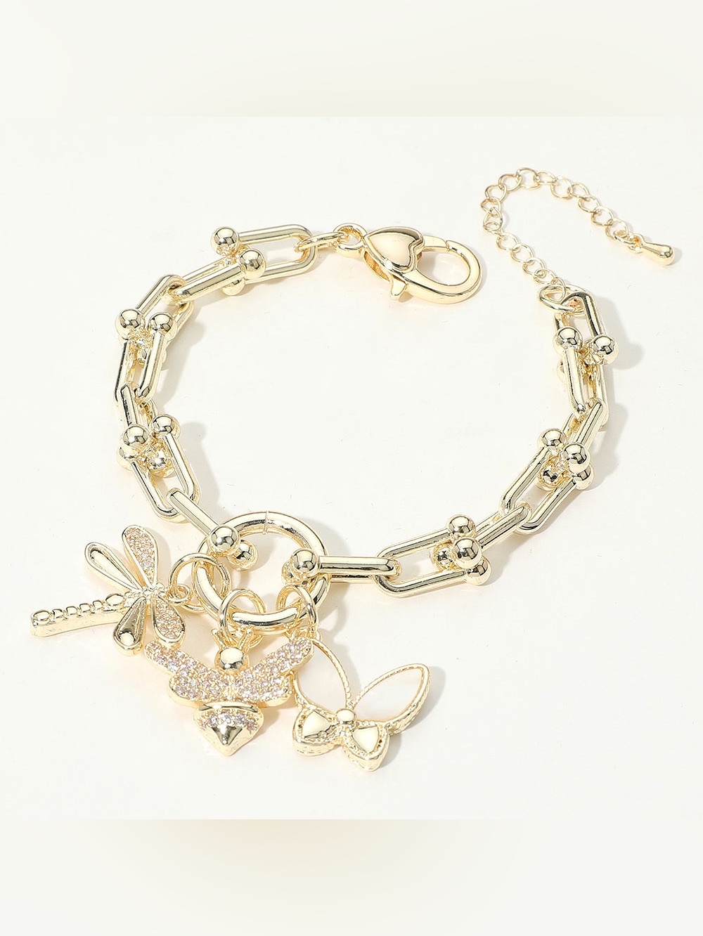 14K GP CZ Dragonfly Honey Bee Mother of Pearl Butterfly Industrial Link Bracelet